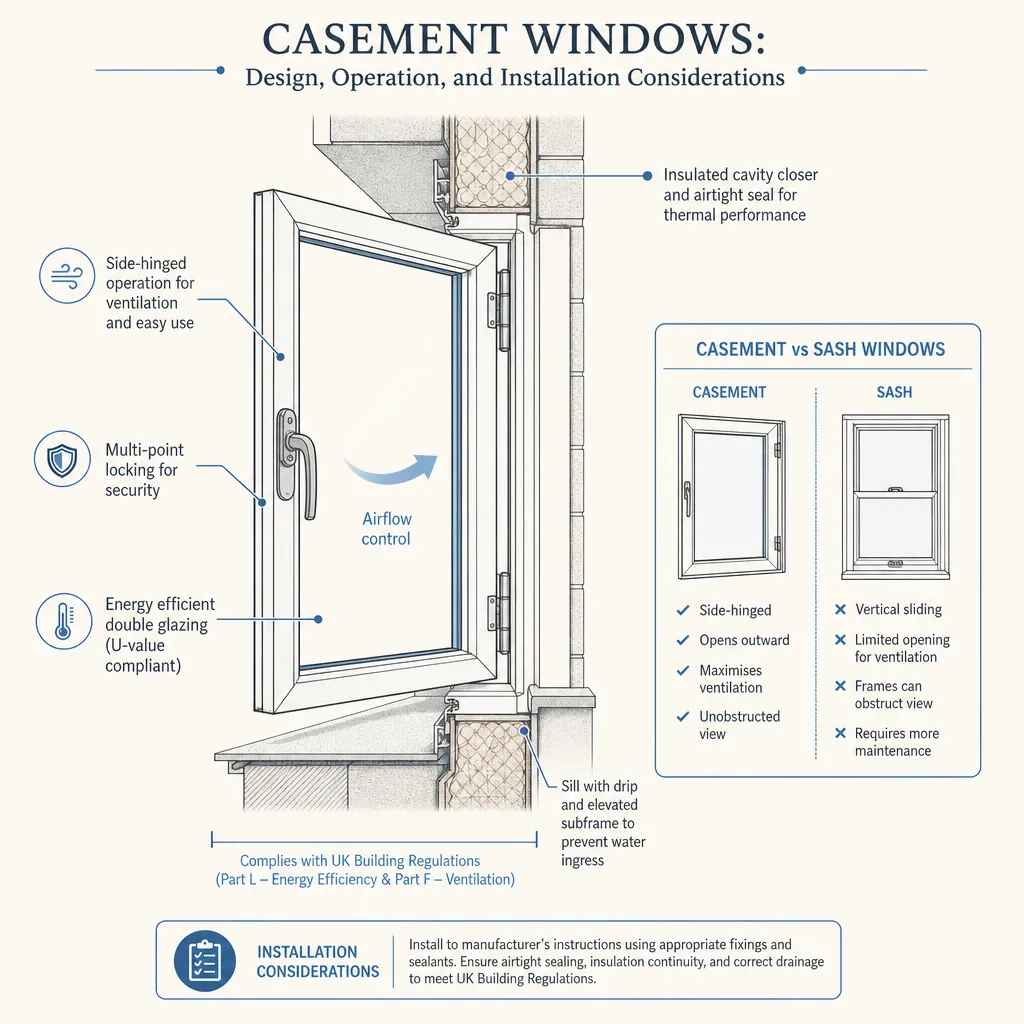 Diagram illustrating: Casement Windows: Design, Operation, and Installation Considerations