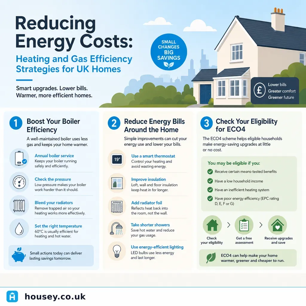 Infographic illustrating: Reducing Energy Costs: Heating and Gas Efficiency Strategies for UK Homes