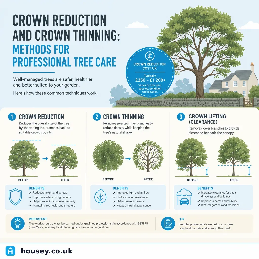 Infographic illustrating: Crown Reduction and Crown Thinning: Methods for Professional Tree Care