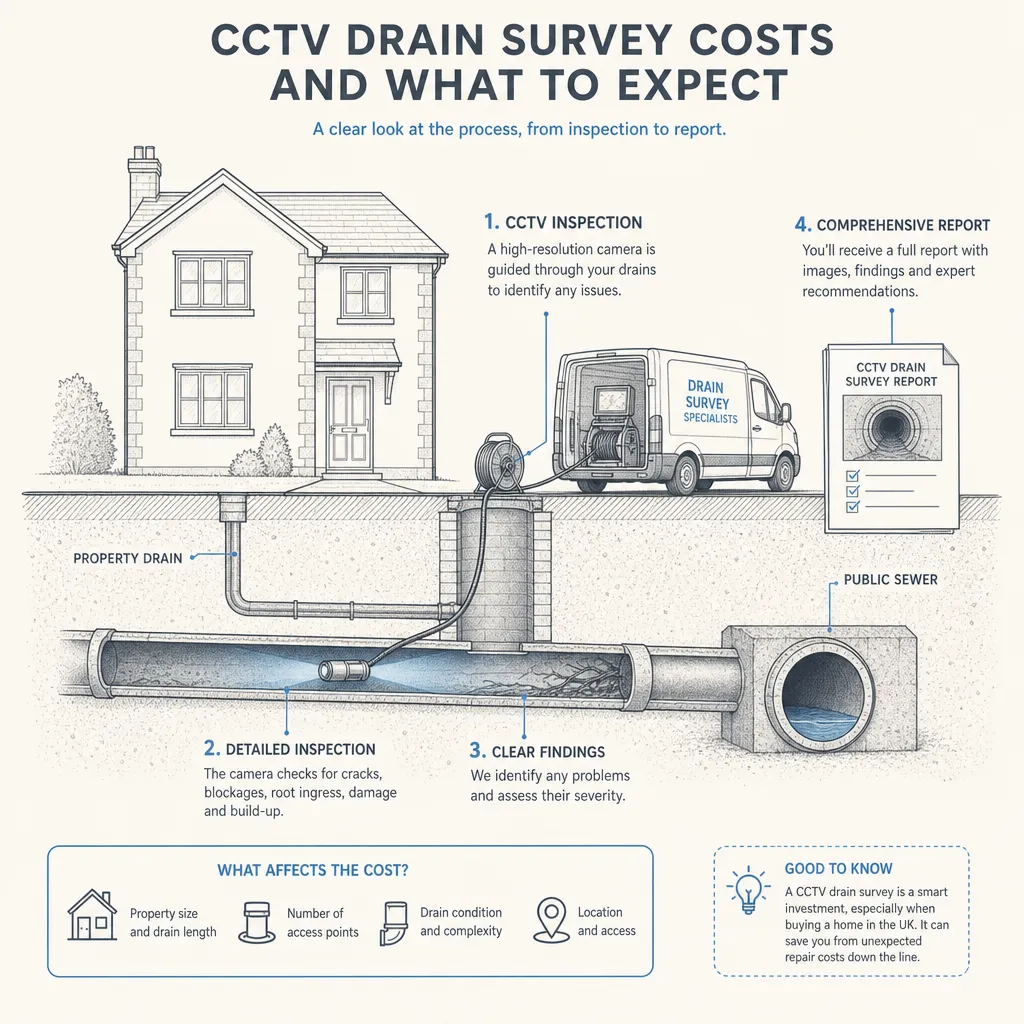 Diagram illustrating: CCTV Drain Survey Costs and What to Expect