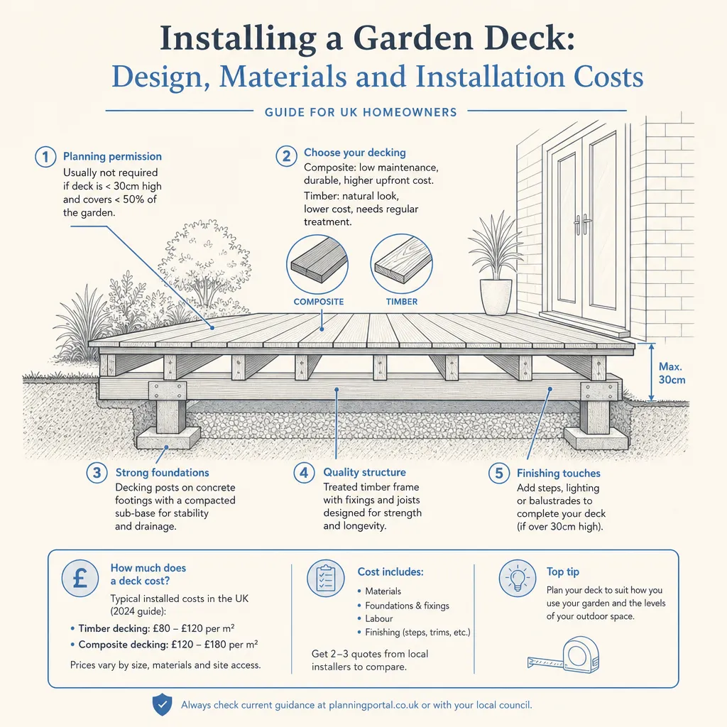 Diagram illustrating: Installing a Garden Deck: Design, Materials and Installation Costs