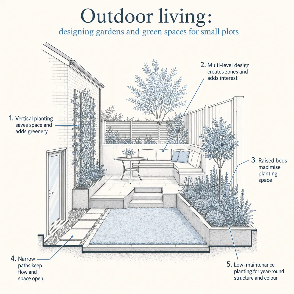 Diagram illustrating: Outdoor living: designing gardens and green spaces for small plots