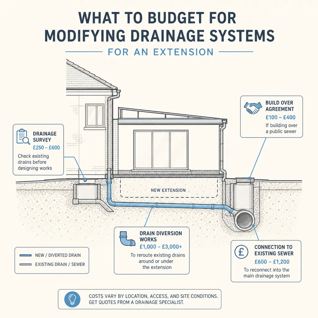 Diagram illustrating: What to budget for modifying drainage systems for an extension