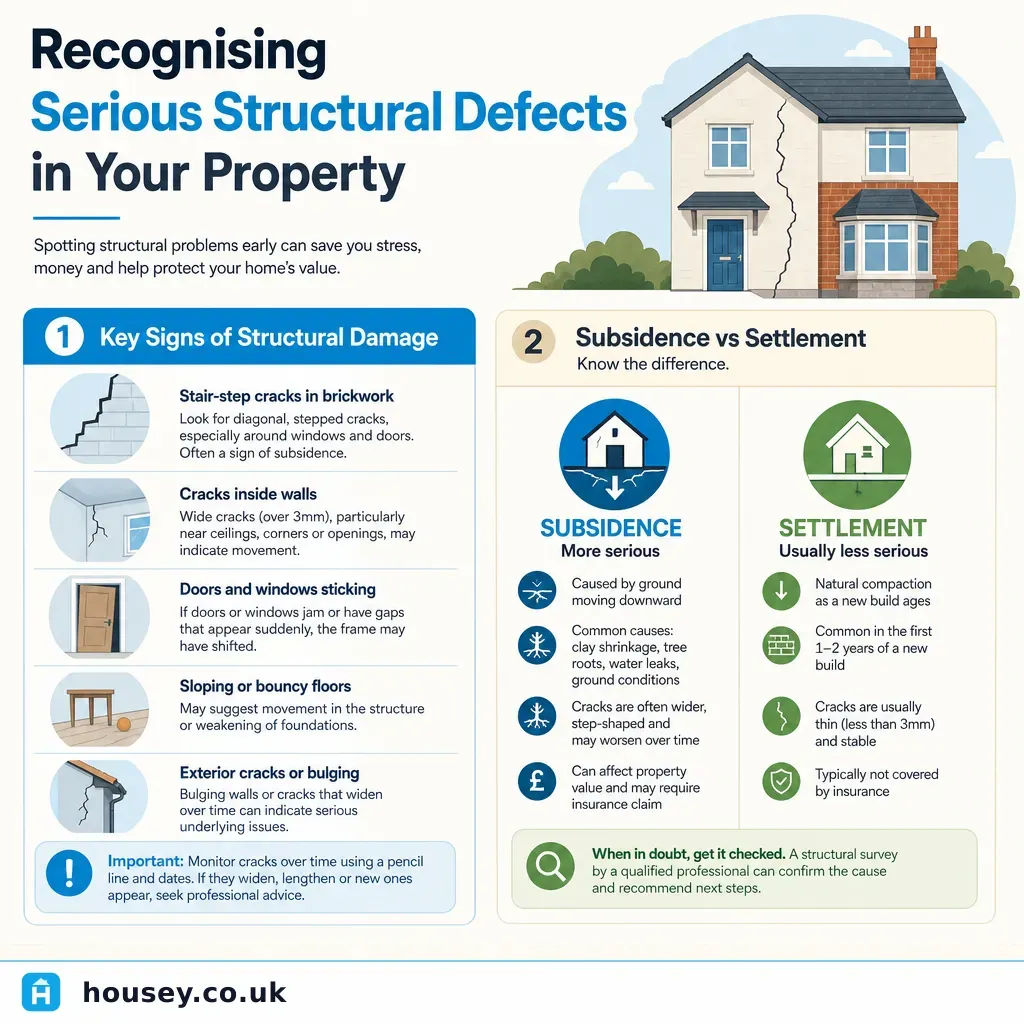 Infographic illustrating: Recognising Serious Structural Defects in Your Property