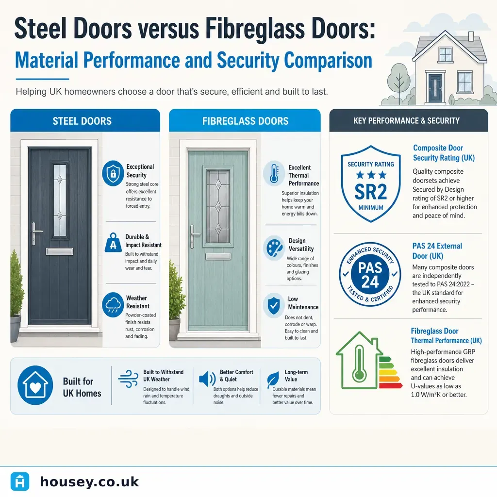 Infographic illustrating: Steel Doors versus Fibreglass Doors: Material Performance and Security Comparison