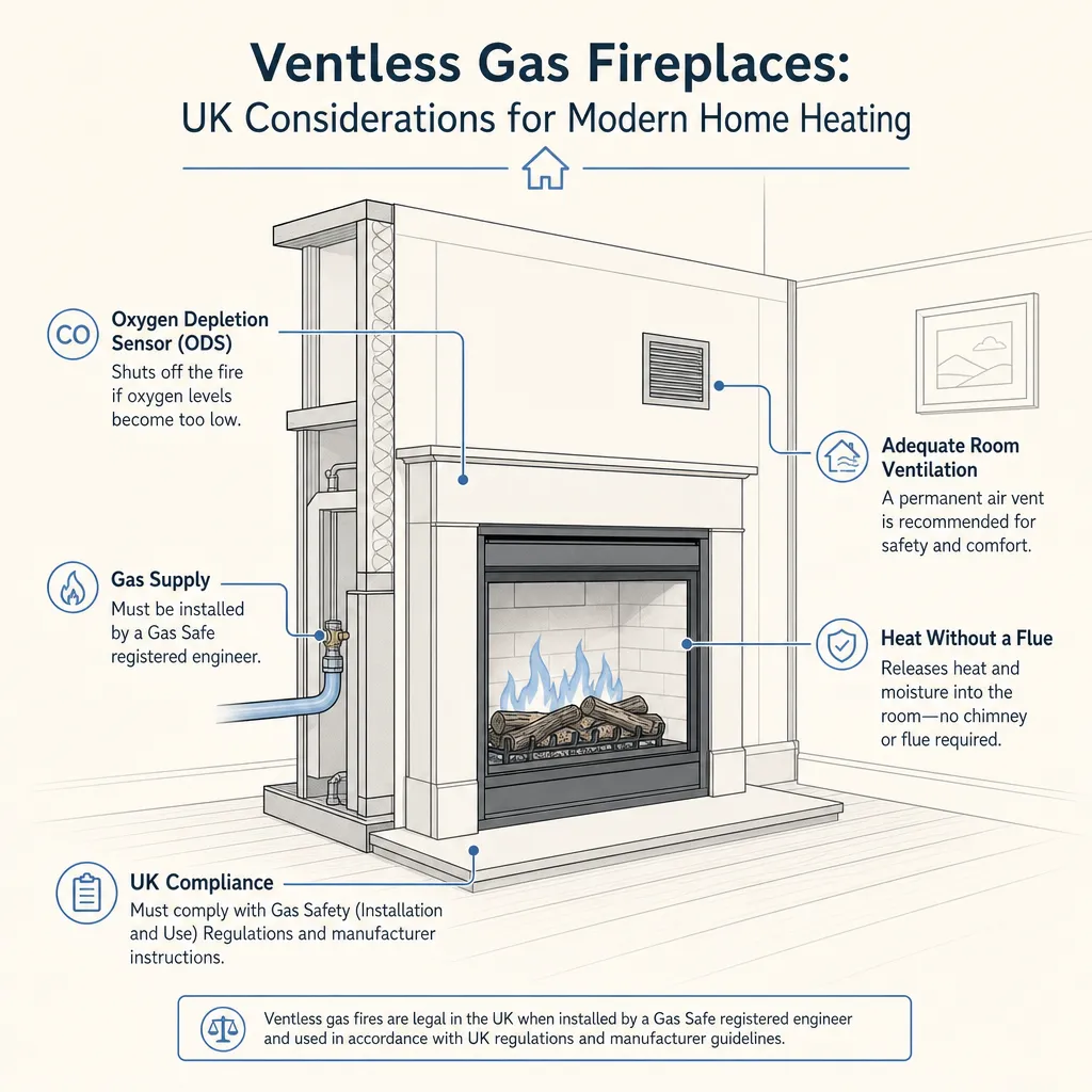 Diagram illustrating: Ventless Gas Fireplaces: UK Considerations for Modern Home Heating