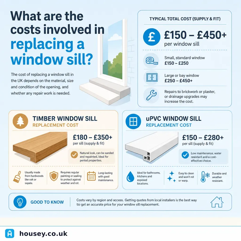 Infographic illustrating: What are the costs involved in replacing a window sill?