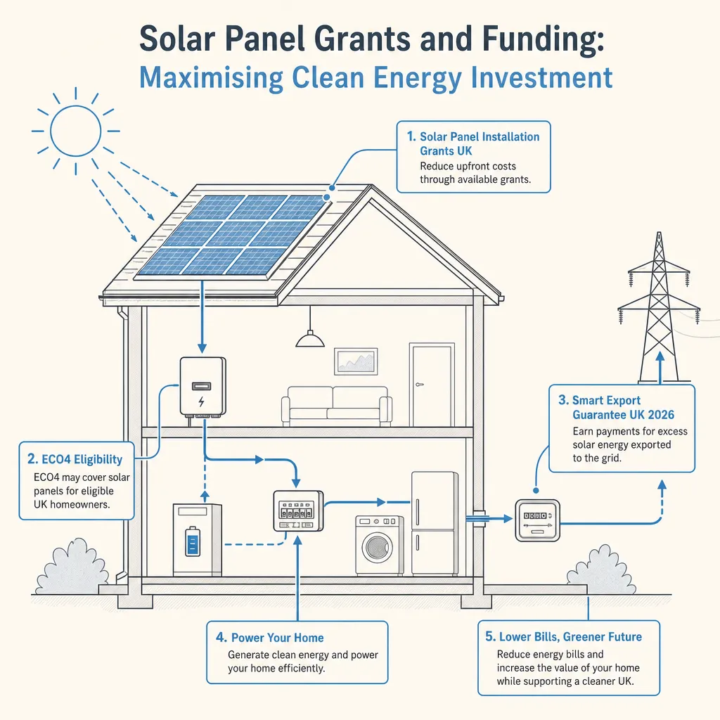 Diagram illustrating: Solar Panel Grants and Funding: Maximising Clean Energy Investment