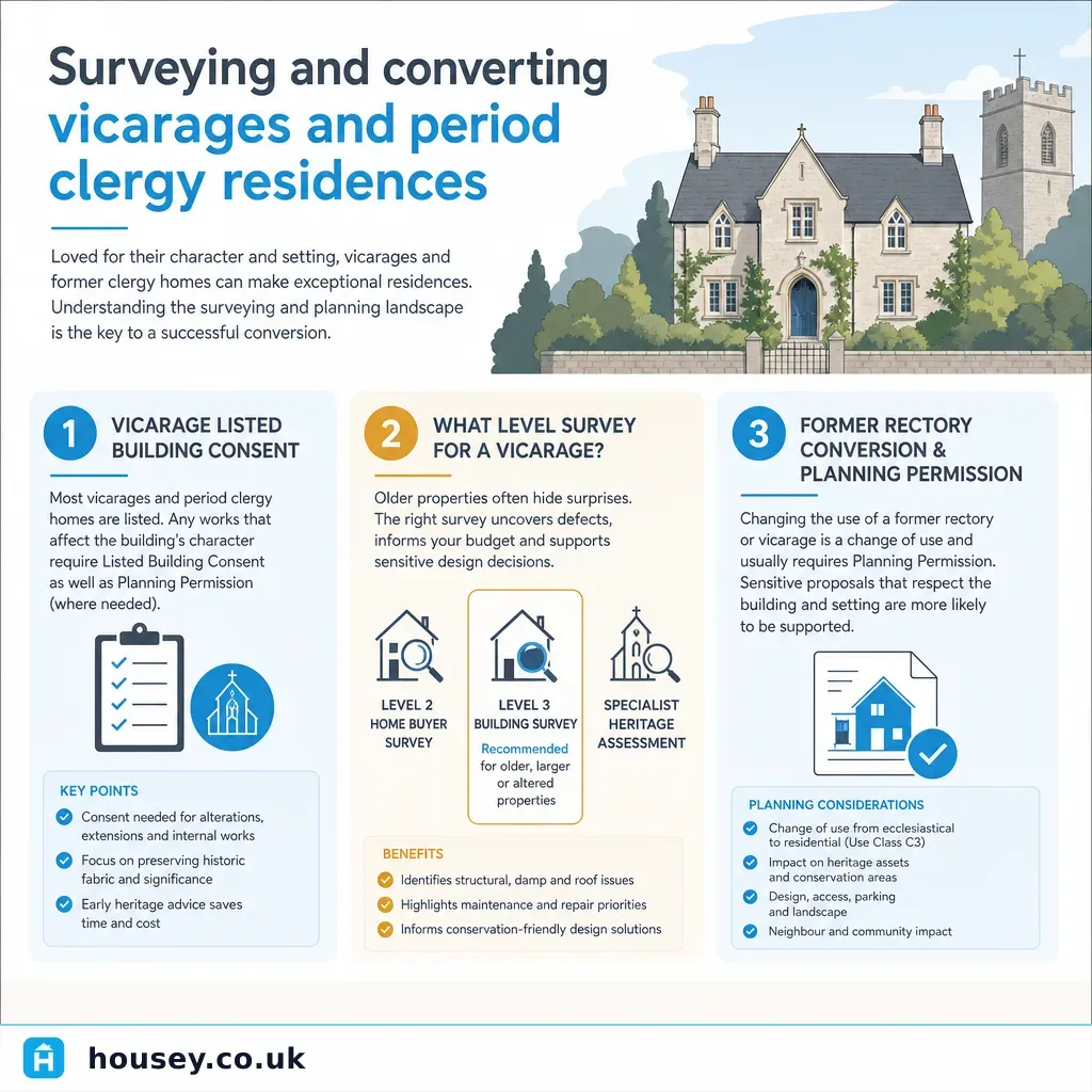 Infographic illustrating: Surveying and converting vicarages and period clergy residences