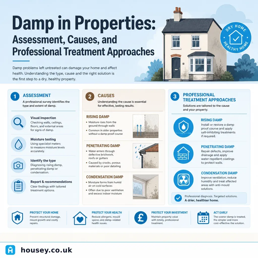 Infographic illustrating: Damp in Properties: Assessment, Causes, and Professional Treatment Approaches