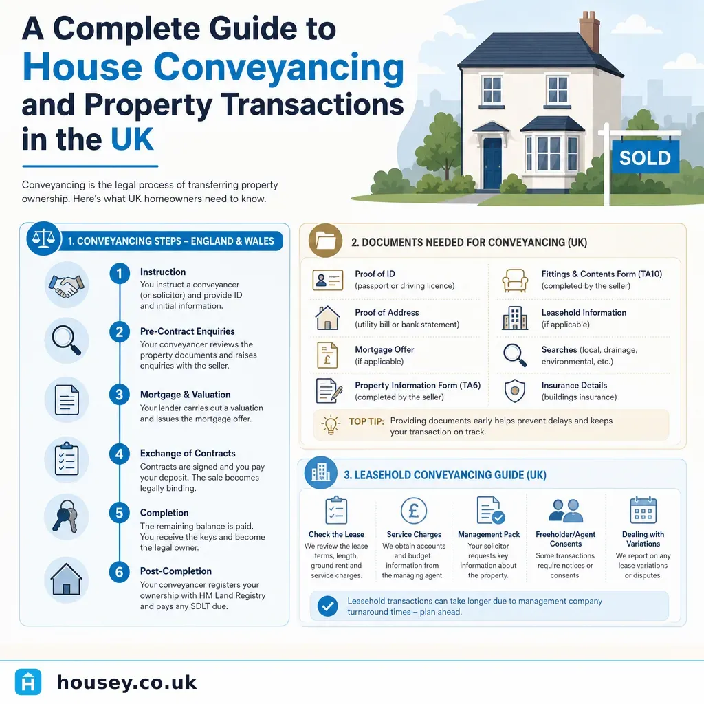 Infographic illustrating: A Complete Guide to House Conveyancing and Property Transactions in the UK