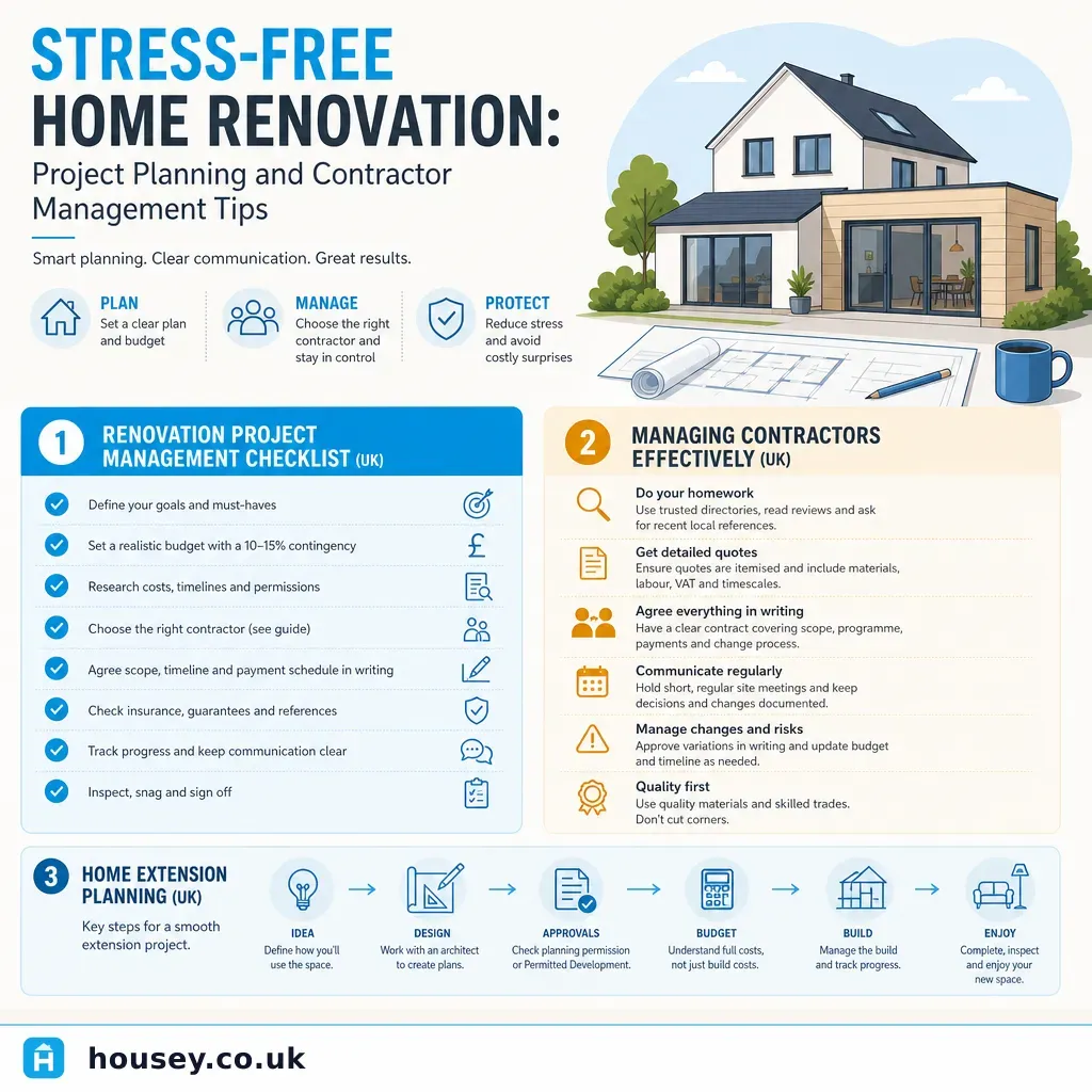 Infographic illustrating: Stress-Free Home Renovation: Project Planning and Contractor Management Tips