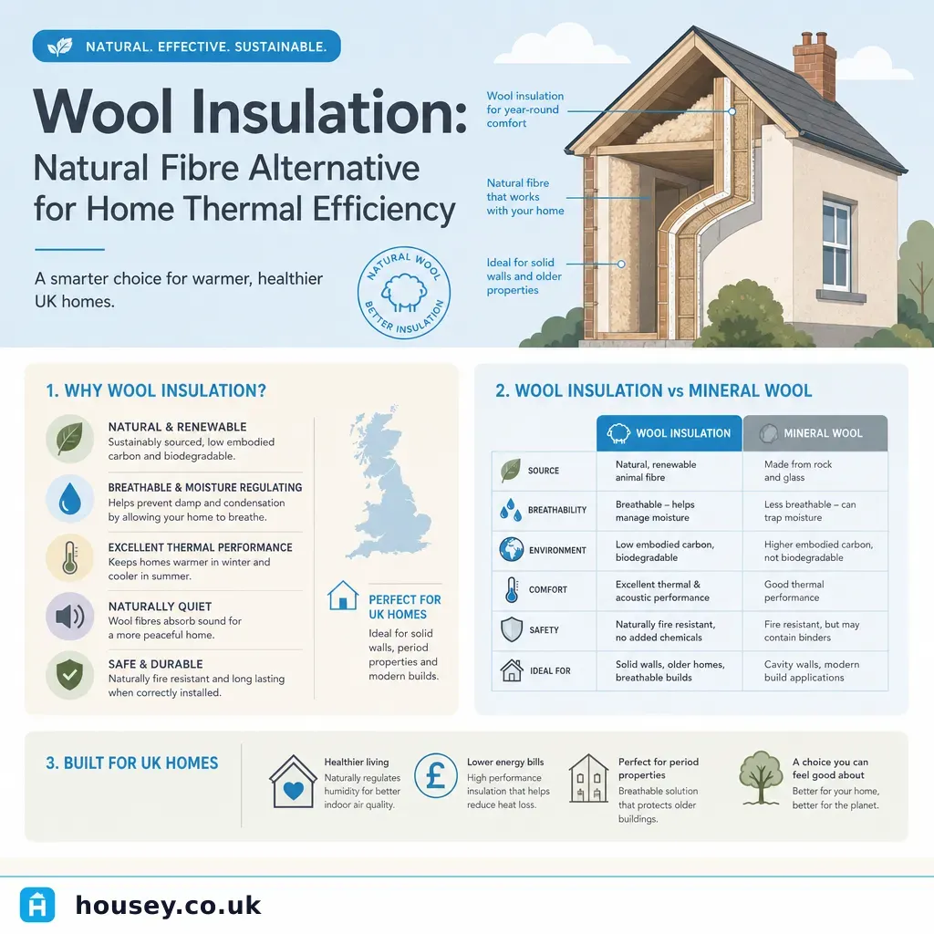 Infographic illustrating: Wool Insulation: Natural Fibre Alternative for Home Thermal Efficiency