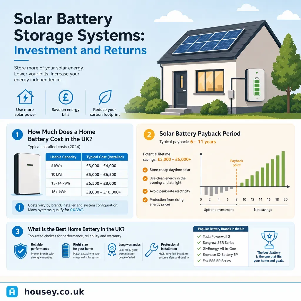Infographic illustrating: Solar Battery Storage Systems: Investment and Returns