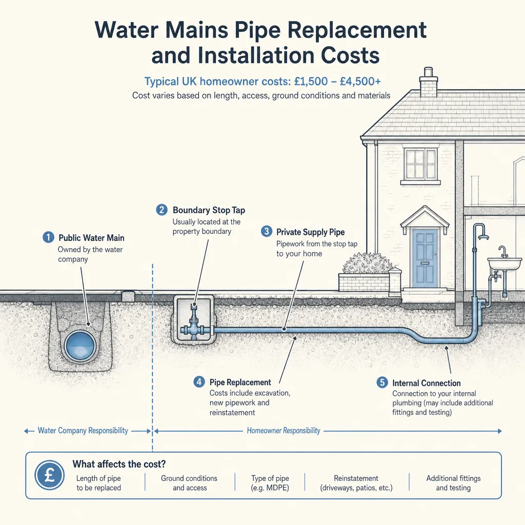 Diagram illustrating: Water Mains Pipe Replacement and Installation Costs