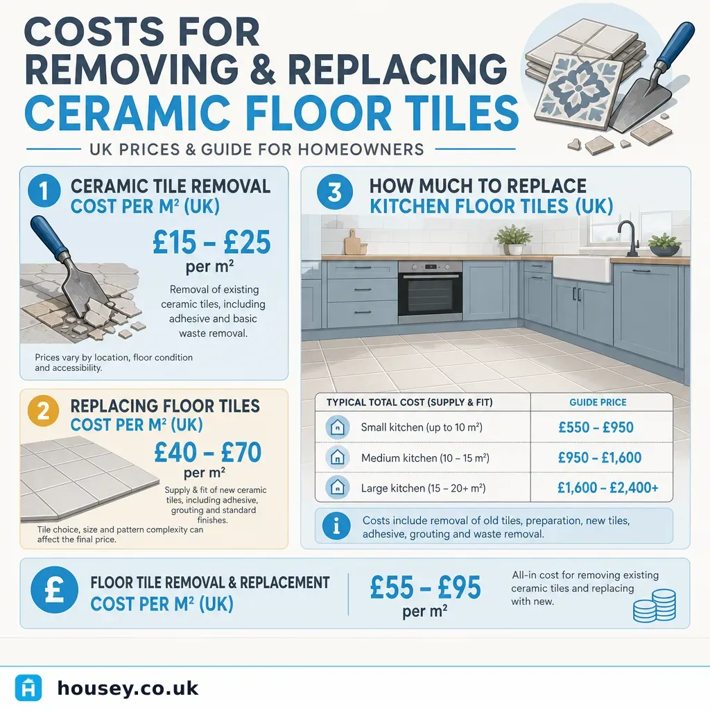 Infographic illustrating: Costs for removing and replacing ceramic floor tiles