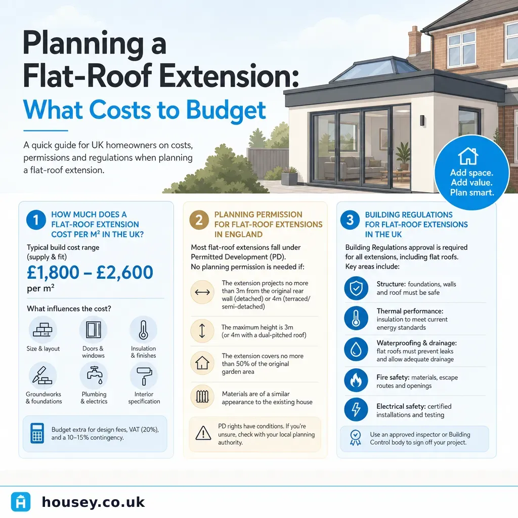 Infographic illustrating: Planning a Flat-Roof Extension: What Costs to Budget