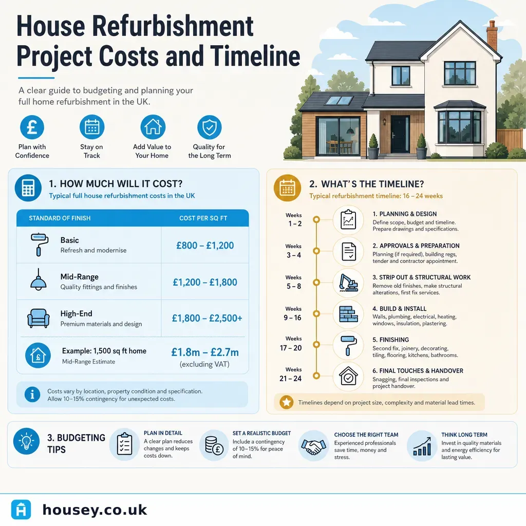Infographic illustrating: House Refurbishment Project Costs and Timeline