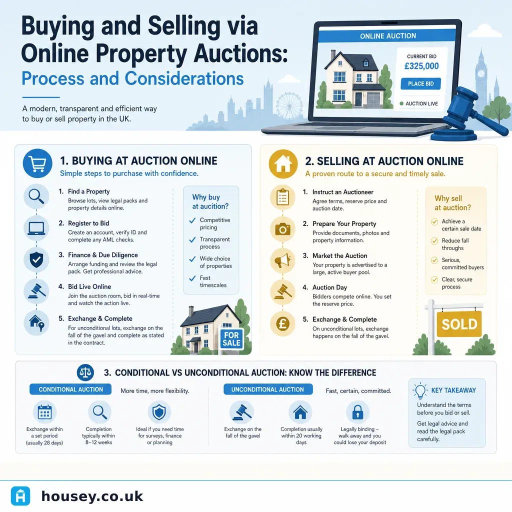 Infographic illustrating: Buying and Selling via Online Property Auctions: Process and Considerations