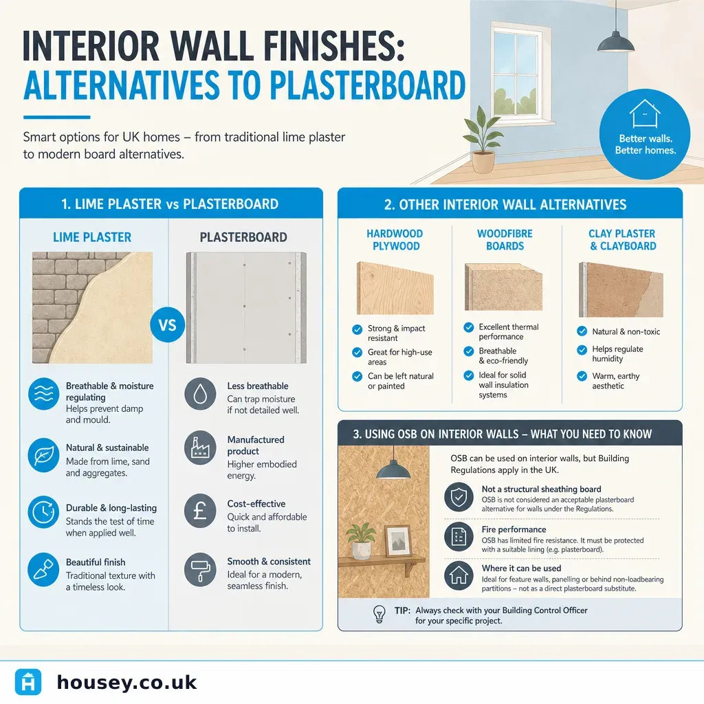 Infographic illustrating: Interior Wall Finishes: Alternatives to Plasterboard