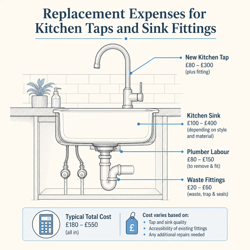 Diagram illustrating: Replacement Expenses for Kitchen Taps and Sink Fittings