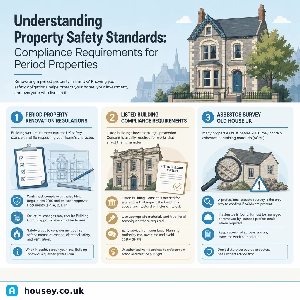 Infographic illustrating: Understanding Property Safety Standards: Compliance Requirements for Period Properties