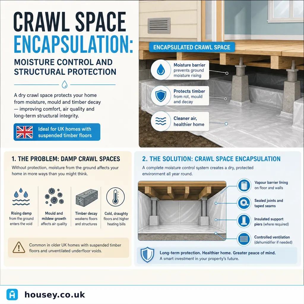 Infographic illustrating: Crawl Space Encapsulation: Moisture Control and Structural Protection