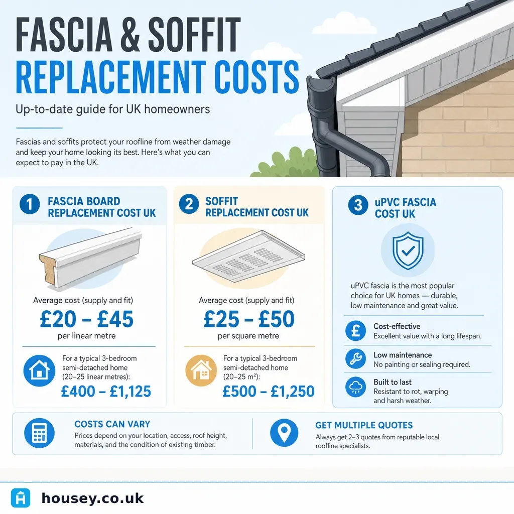 Infographic illustrating: Fascia and Soffit Replacement Costs