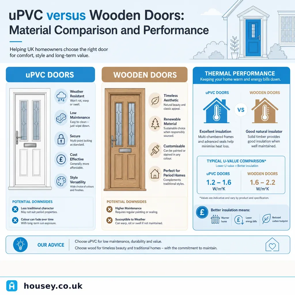Infographic illustrating: uPVC versus Wooden Doors: Material Comparison and Performance