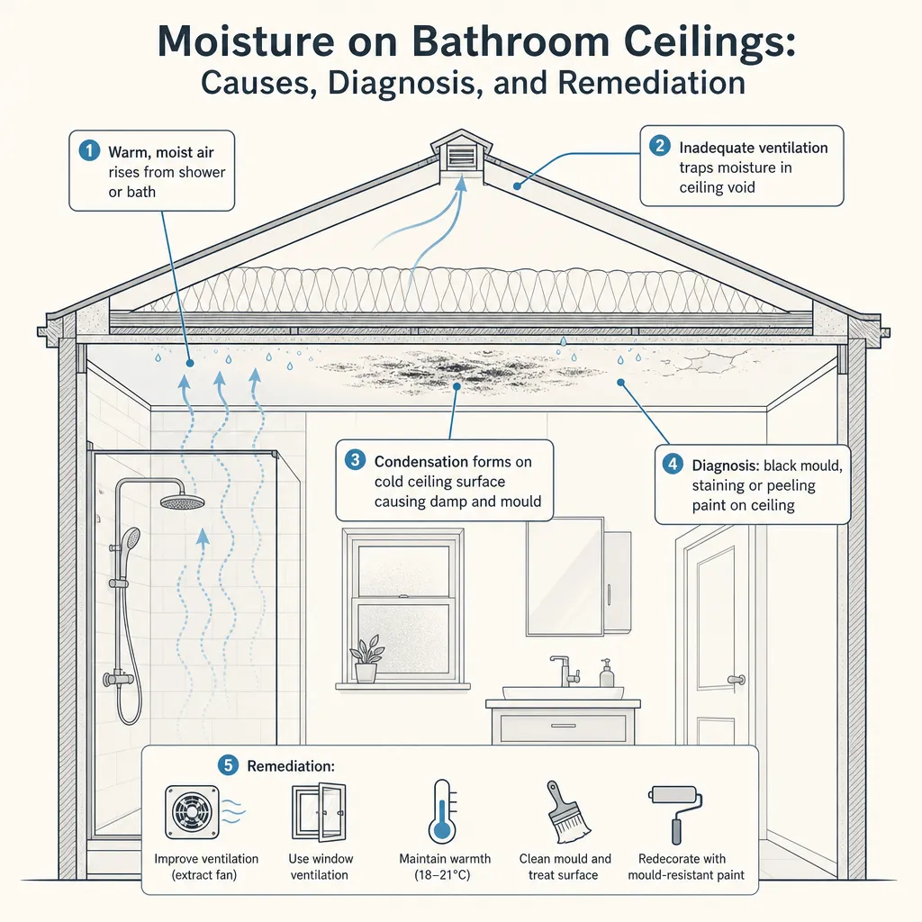 Diagram illustrating: Moisture on Bathroom Ceilings: Causes, Diagnosis, and Remediation