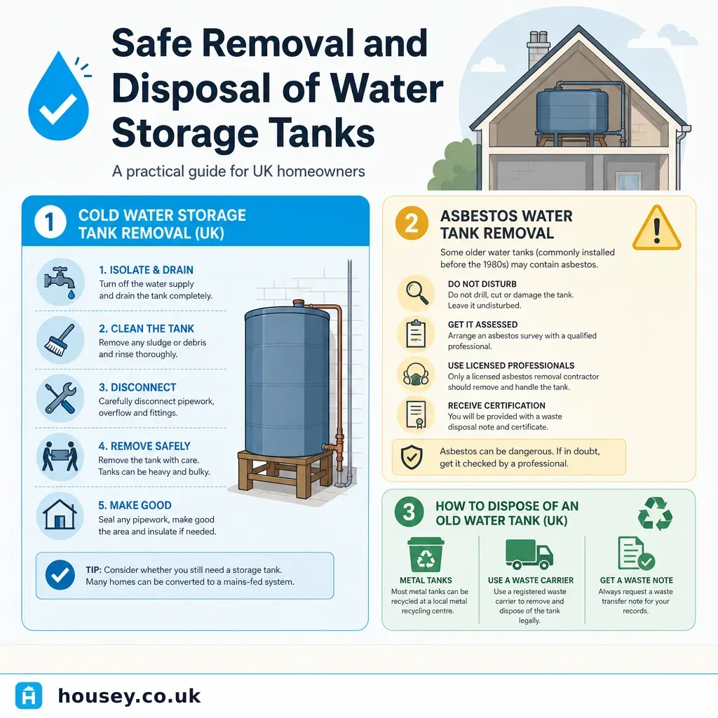 Infographic illustrating: Safe Removal and Disposal of Water Storage Tanks