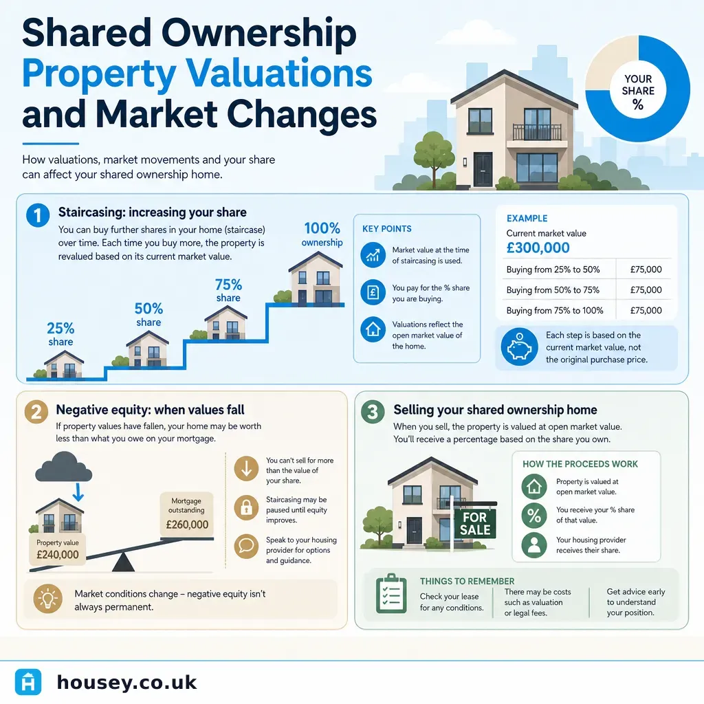 Infographic illustrating: Shared Ownership Property Valuations and Market Changes