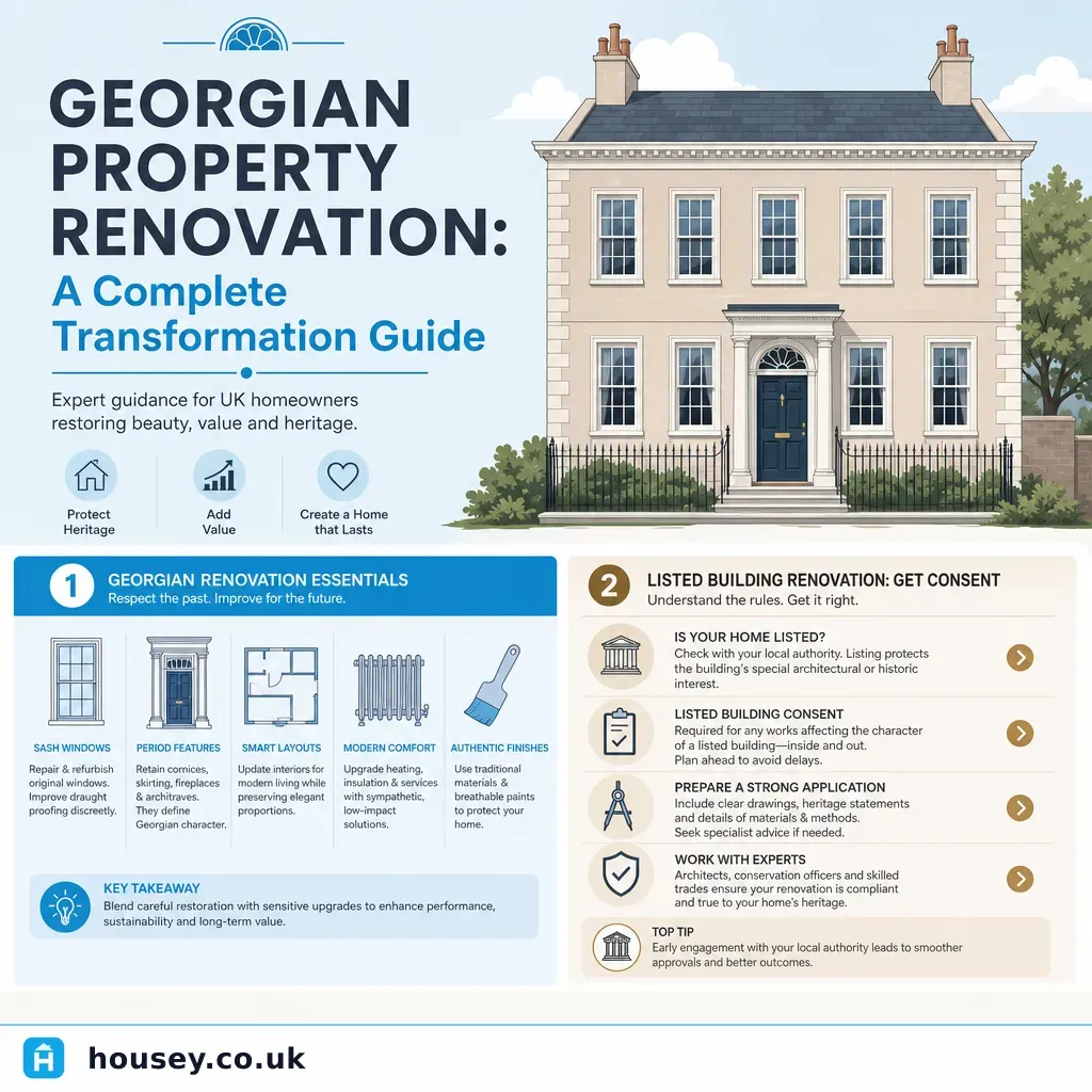 Infographic illustrating: Georgian Property Renovation: A Complete Transformation Guide