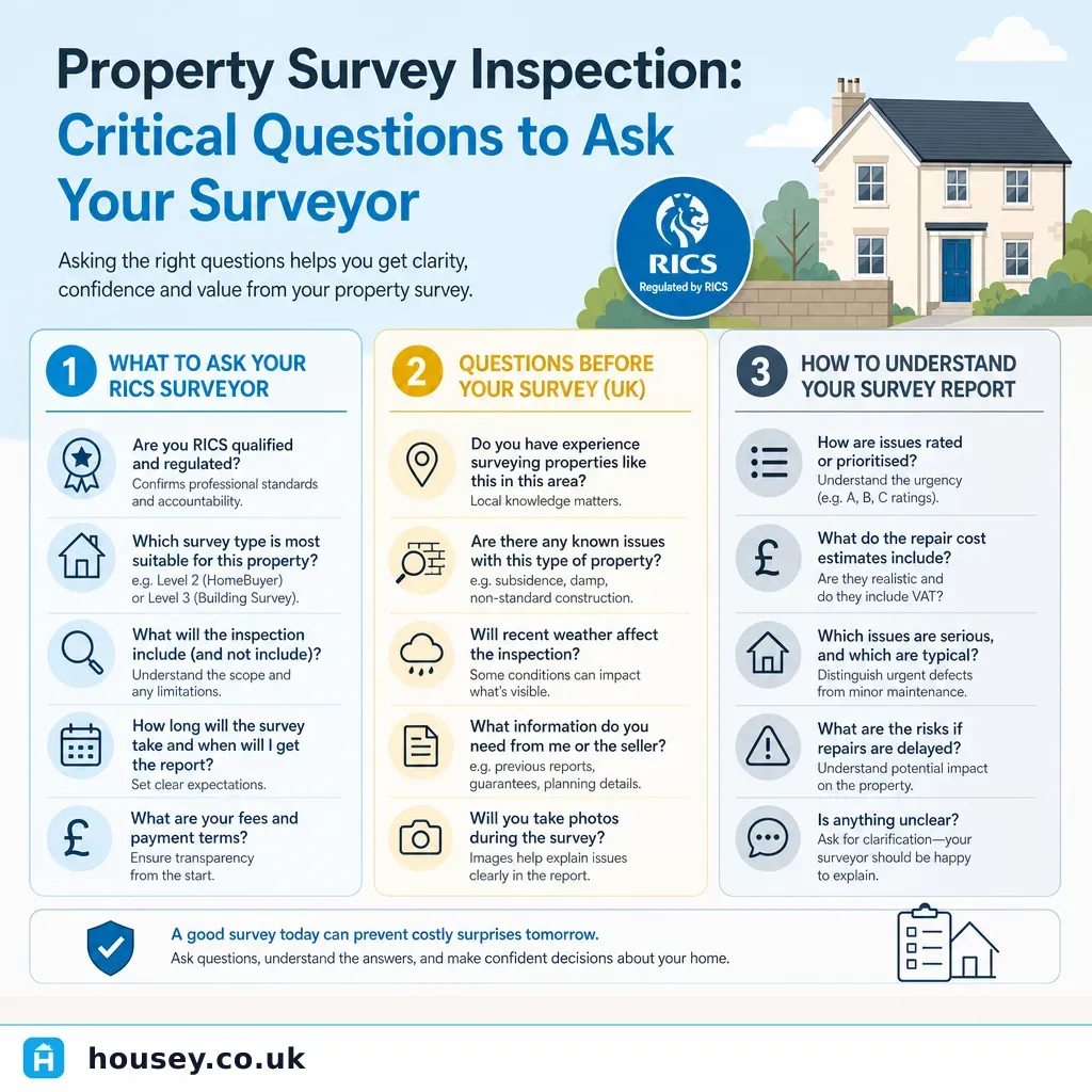 Infographic illustrating: Property Survey Inspection: Critical Questions to Ask Your Surveyor