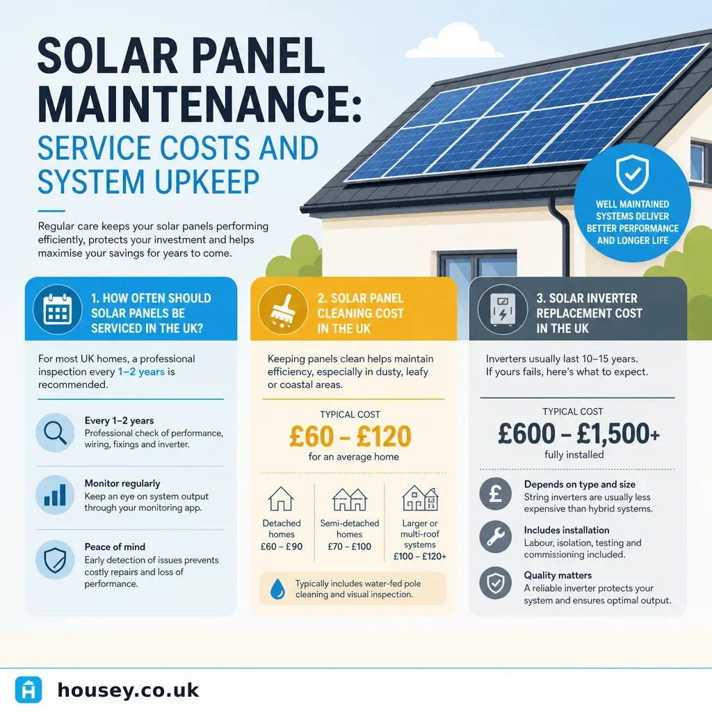 Infographic illustrating: Solar panel maintenance: service costs and system upkeep