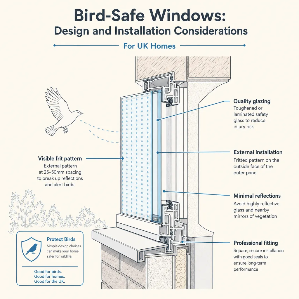 Diagram illustrating: Bird-Safe Windows: Design and Installation Considerations