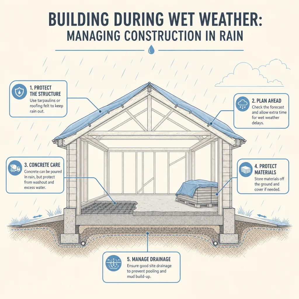 Diagram illustrating: Building During Wet Weather: Managing Construction in Rain