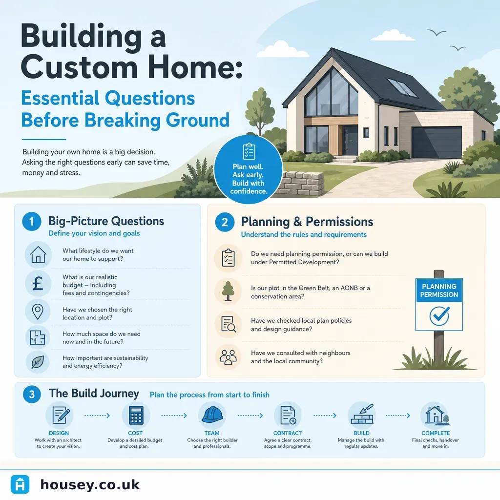 Infographic illustrating: Building a Custom Home: Essential Questions Before Breaking Ground