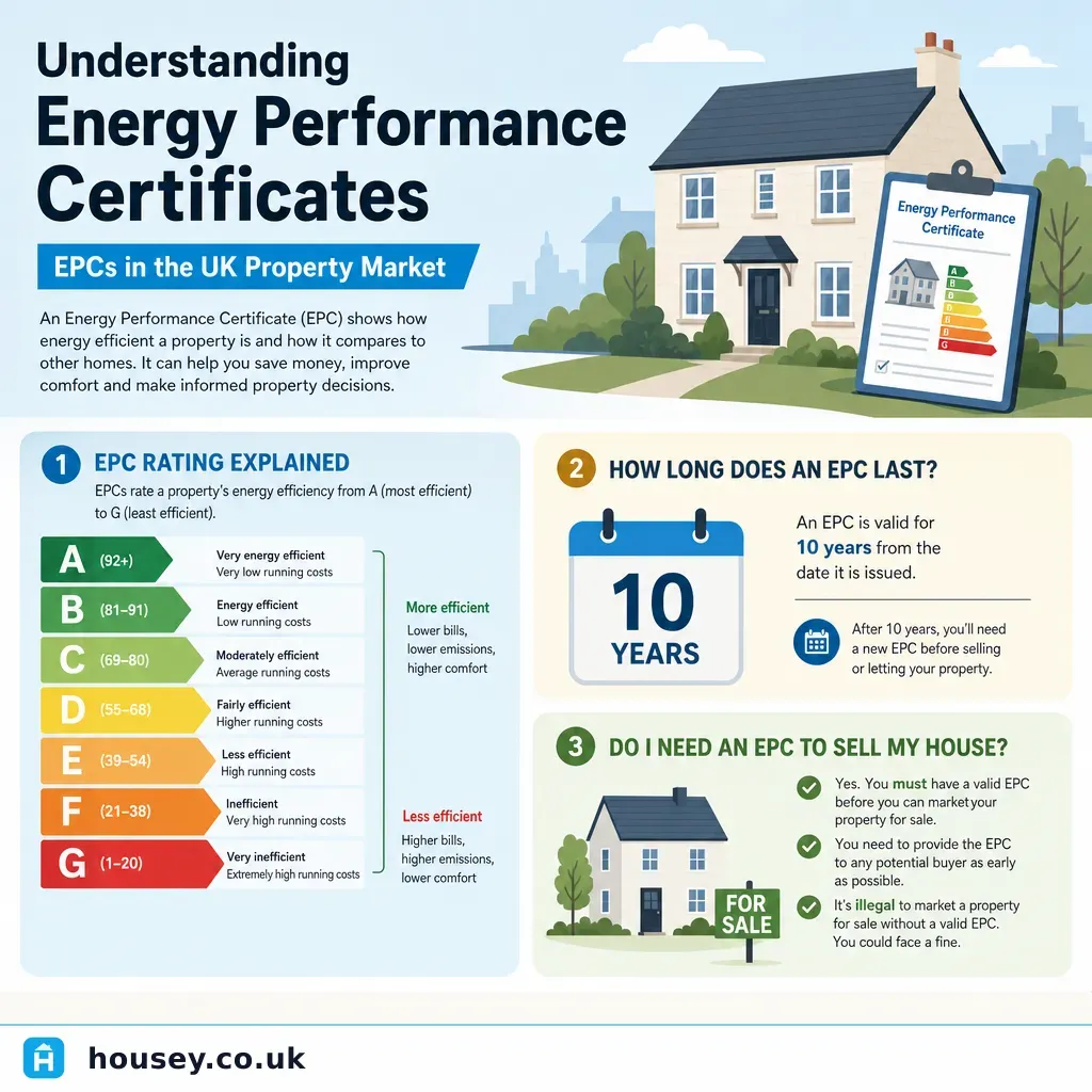Infographic illustrating: Understanding Energy Performance Certificates: EPCs in the UK Property Market