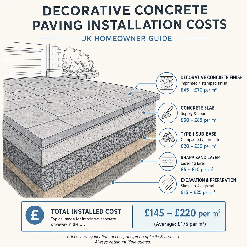 Diagram illustrating: Decorative Concrete Paving Installation Costs