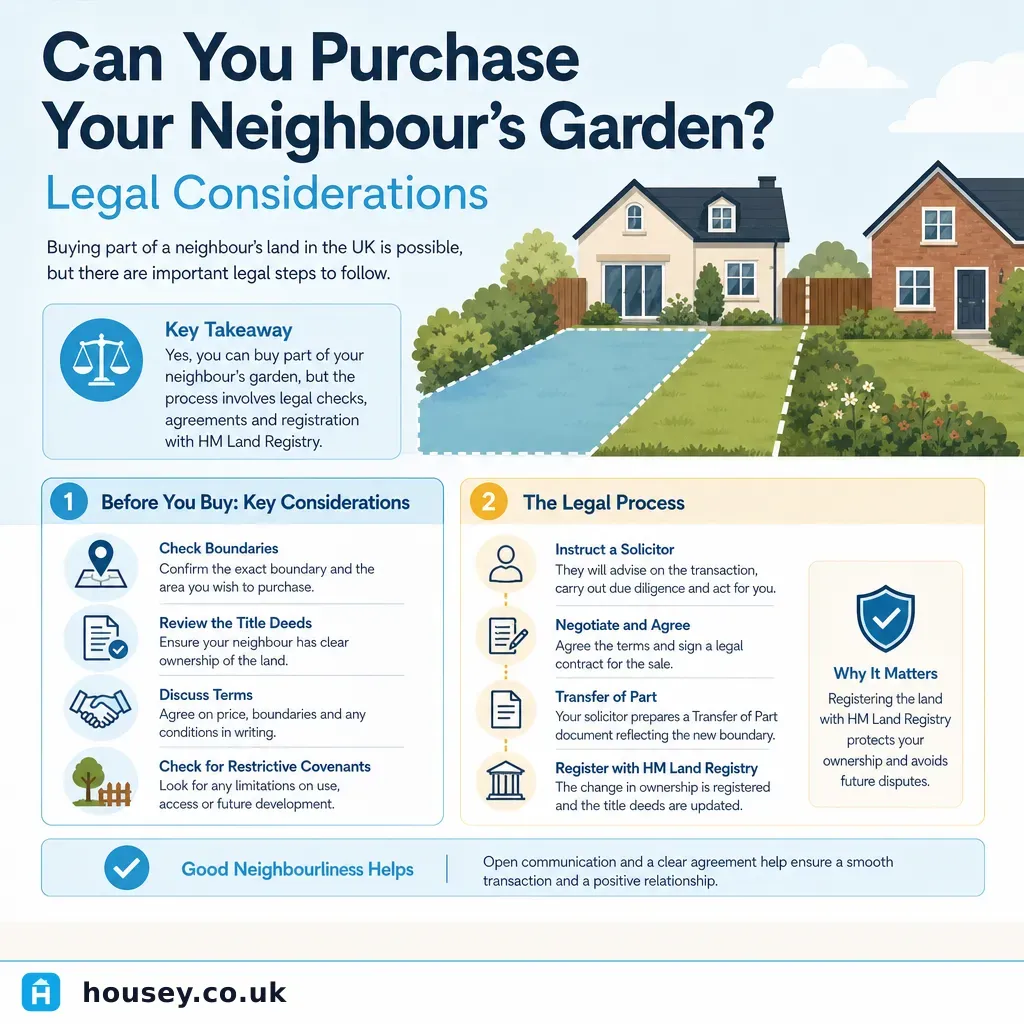 Infographic illustrating: Can You Purchase Your Neighbour's Garden? Legal Considerations