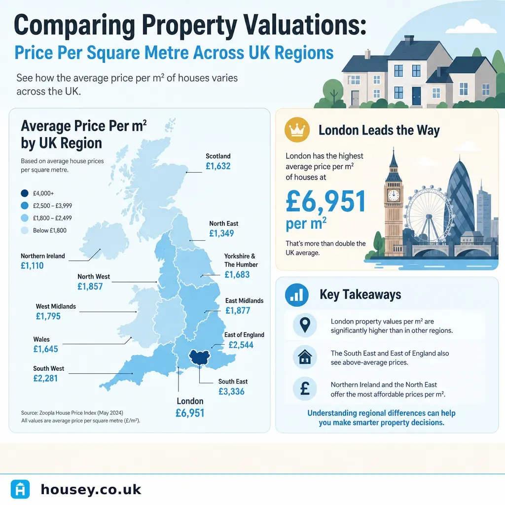 Infographic illustrating: Comparing Property Valuations: Price Per Square Metre Across UK Regions