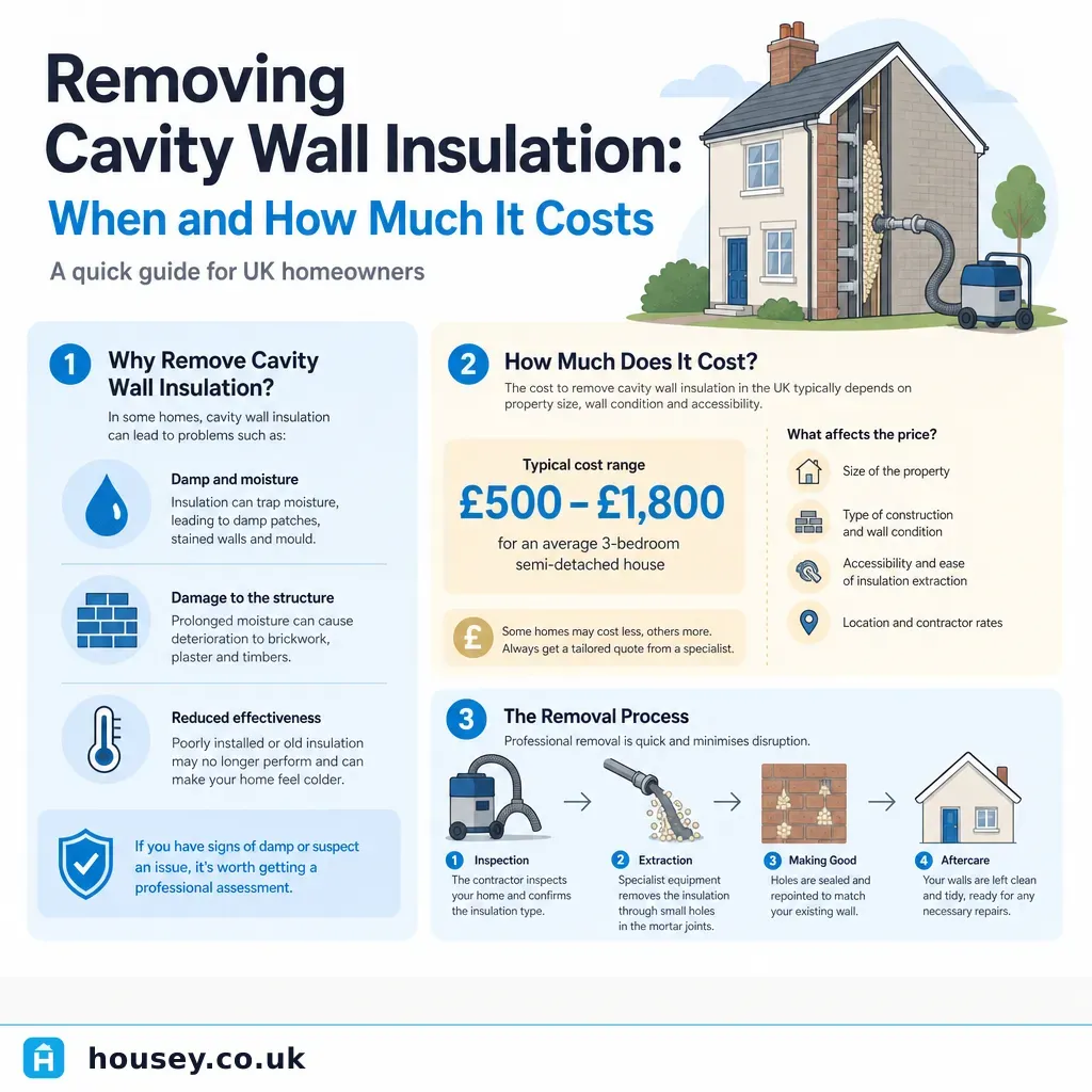 Infographic illustrating: Removing Cavity Wall Insulation: When and How Much It Costs