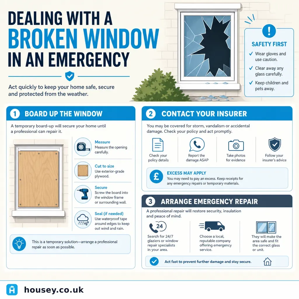 Infographic illustrating: Dealing with a broken window in an emergency