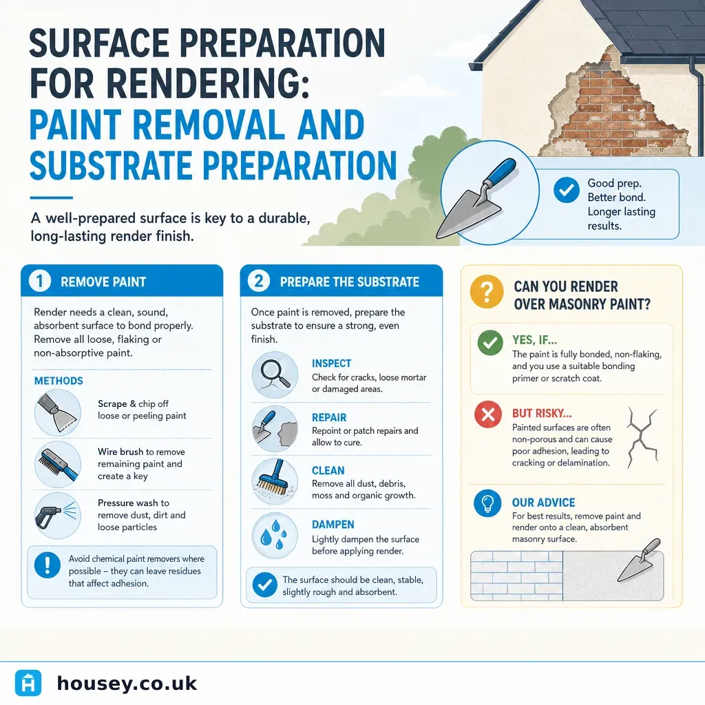 Infographic illustrating: Surface Preparation for Rendering: Paint Removal and Substrate Preparation