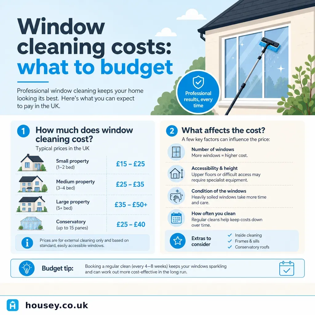 Infographic illustrating: Window cleaning costs: what to budget