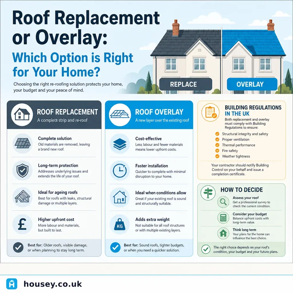 Infographic illustrating: Roof Replacement or Overlay: Which Option is Right for Your Home