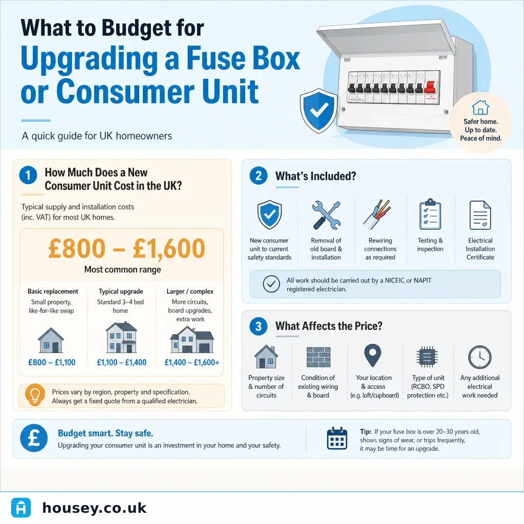 Infographic illustrating: What to Budget for Upgrading a Fuse Box or Consumer Unit