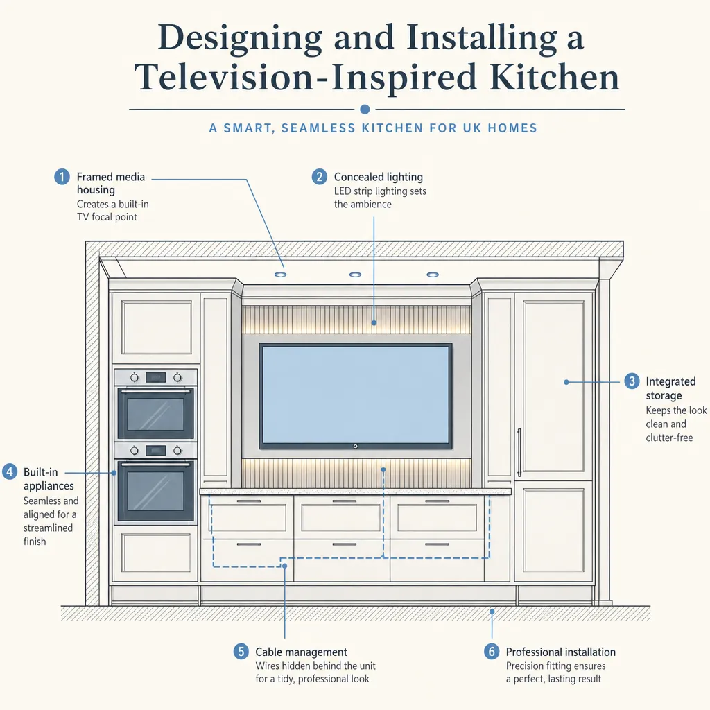 Diagram illustrating: Designing and Installing a Television-Inspired Kitchen