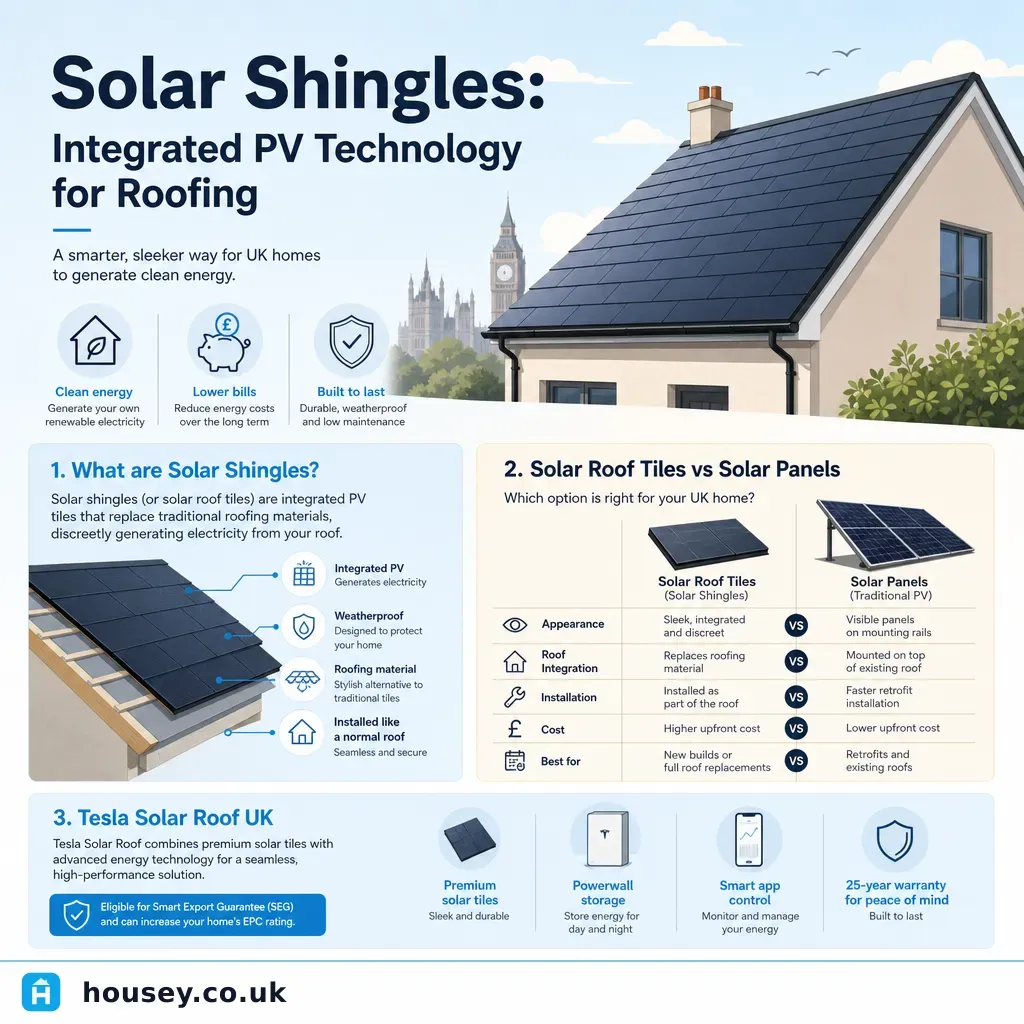 Infographic illustrating: Solar Shingles: Integrated PV Technology for Roofing